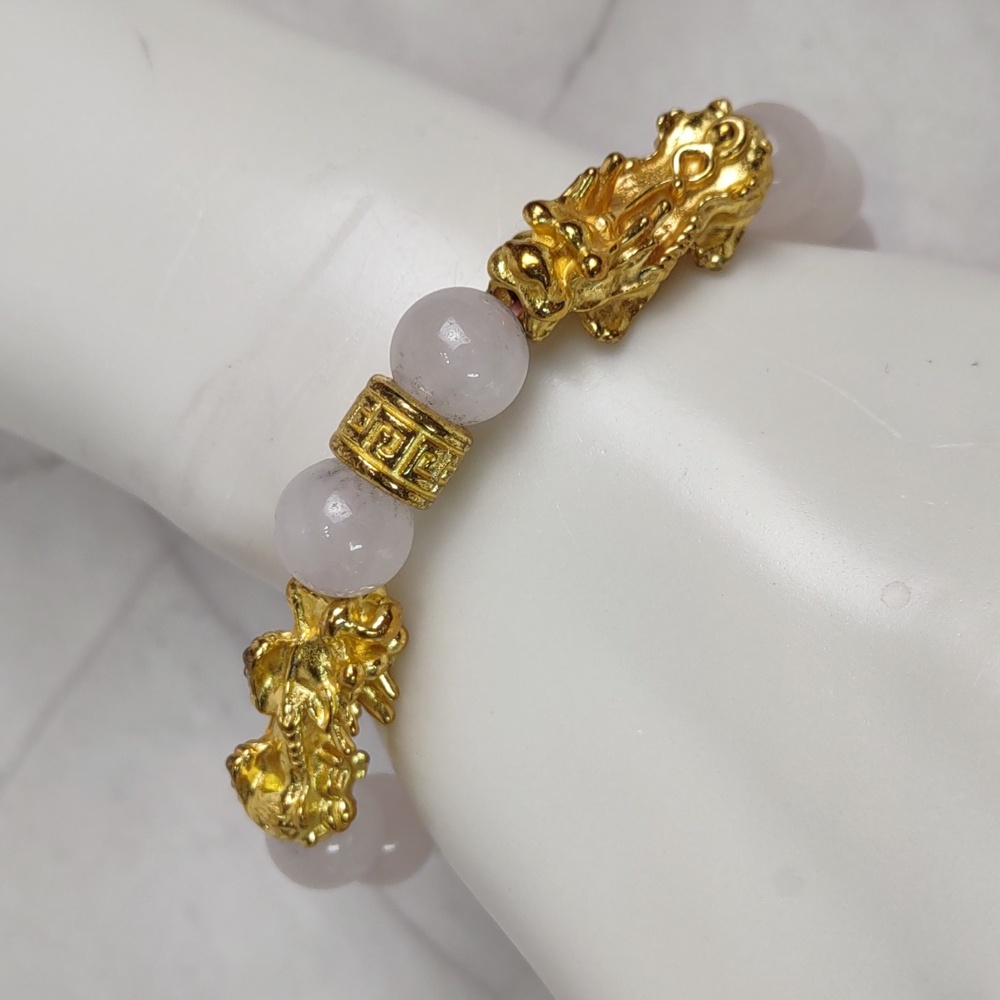 PIXIU Rose Quartz/Golden Dragons Stretch Bracelet